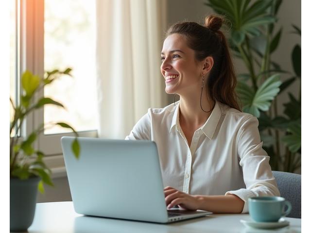 Mujer sonriente trabajando con portátil en un entorno tranquilo