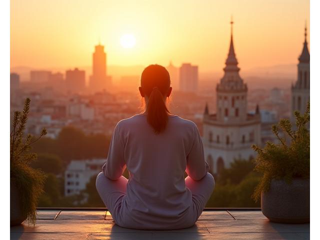Persona meditando al aire libre con skyline de Madrid al fondo