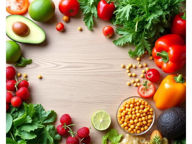 Comida saludable y colorida sobre una tabla de cortar de madera